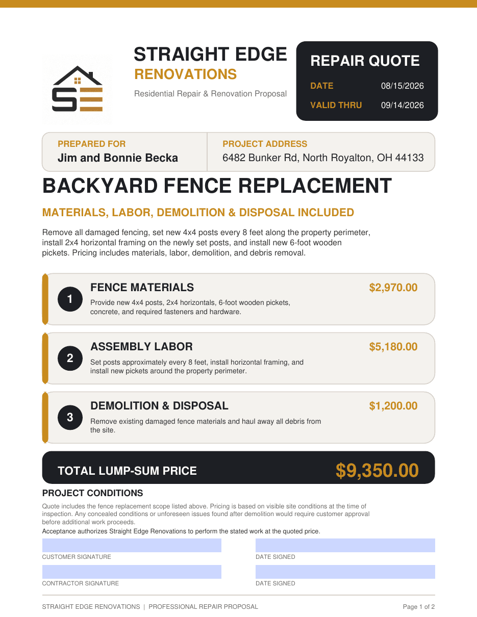 Example repair quote for a backyard fence replacement. Straight Edge sample document.