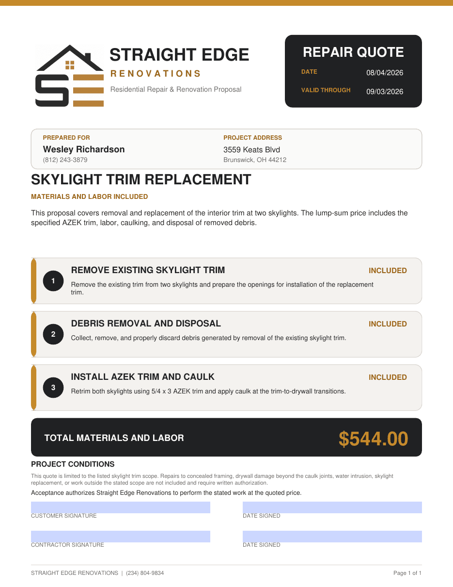 Example repair quote for skylight trim replacement. Straight Edge sample document generated as branded PDF output.